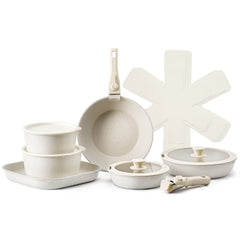 17 Piece Pots And Pans Set Granite Nonstick Kitchen Cookware Induction White