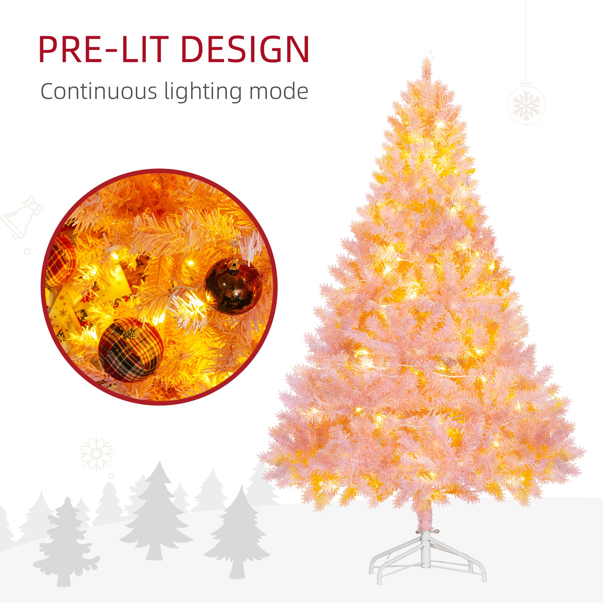 HOMCOM 6' Tall Prelit Christmas Tree Douglas Fir Artificial Christmas Tree With Realistic Branches, 250 Warm White LED Lights And 1000 Tips, Pink