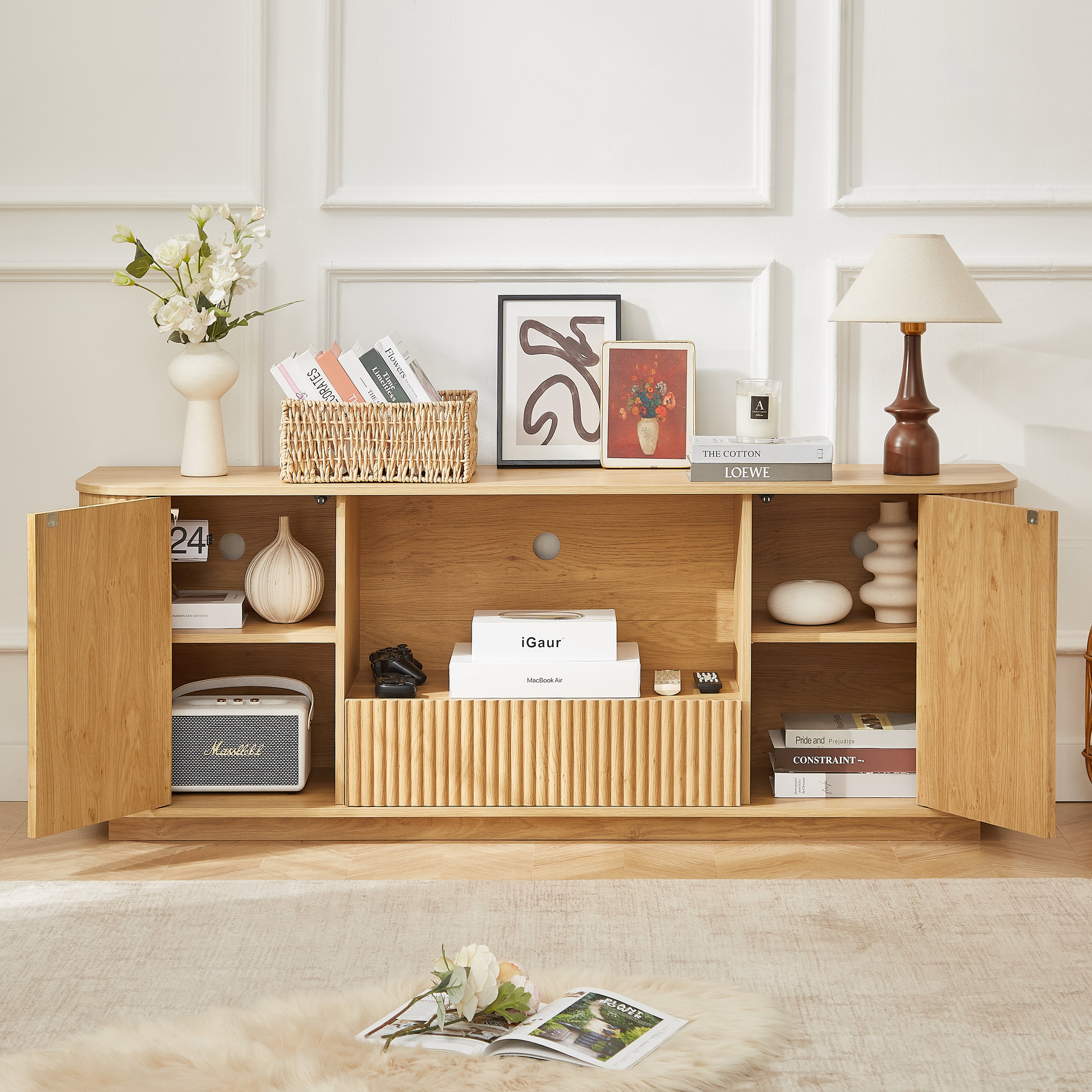 64-Inch Wavy TV Stand, Rounded Sideboard, Storage Cabinet, Wooden Vertical Stripe Cabinet For Living Room Bedroom Entryway  Natural,64W X 15D X 24H.