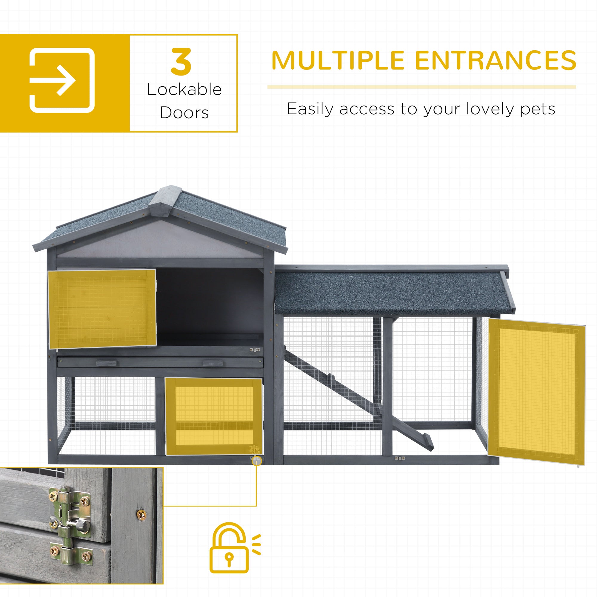 Outdoor Rabbit Hutch Wooden Bunny Cage Guinea Pig House With Run Area Removable Tray Asphalt Roof Lockable Doors Ramp Gray