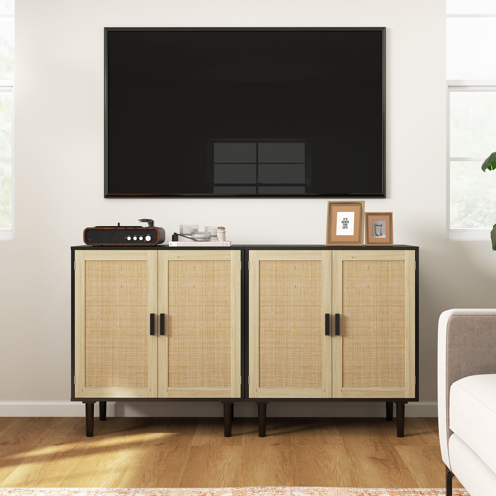 Bohemian Sideboard, 31.5" Buffet Cabinet with 2 Rattan Doors and Shelves for Living Room, Hallway, Black