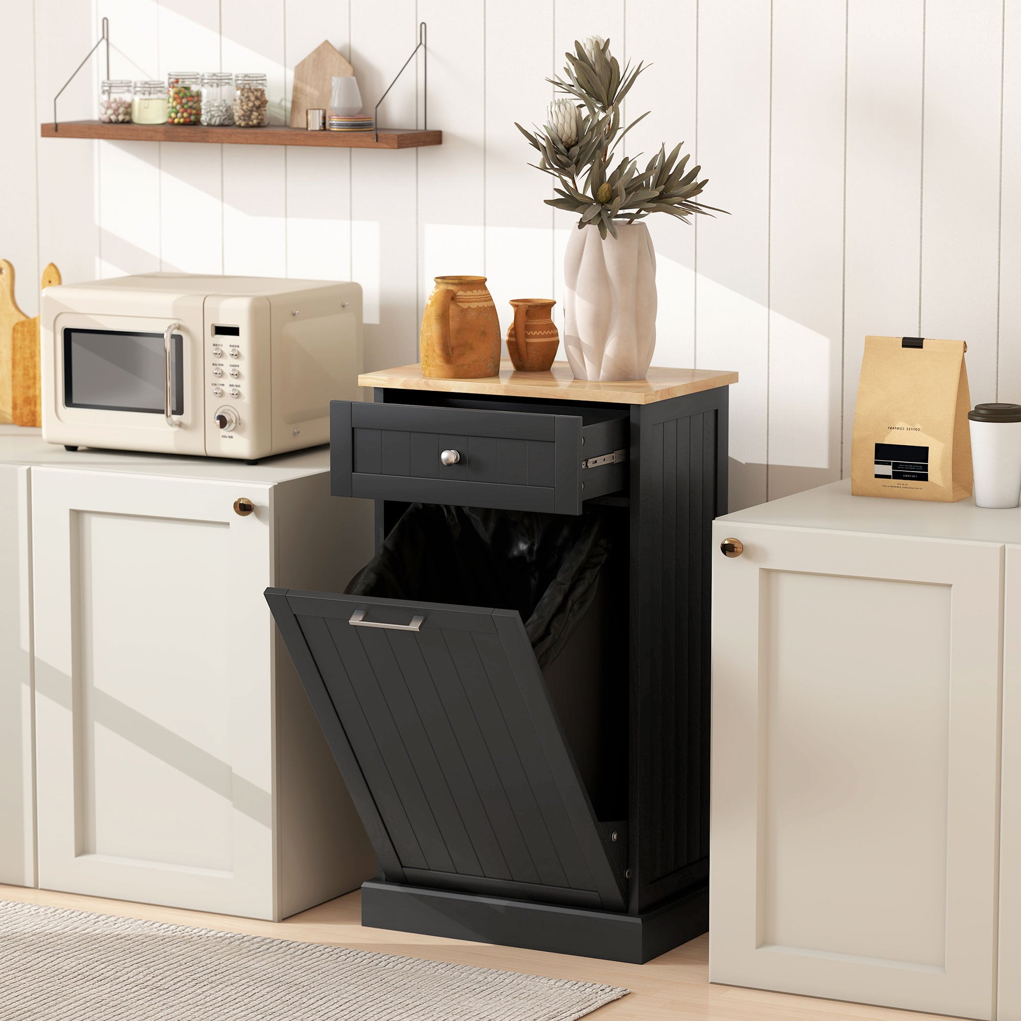 Kitchen Tilt Out Trash Bin Cabinet Free Standing Recycling Cabinet Trash Can Holder With Drawer, Black