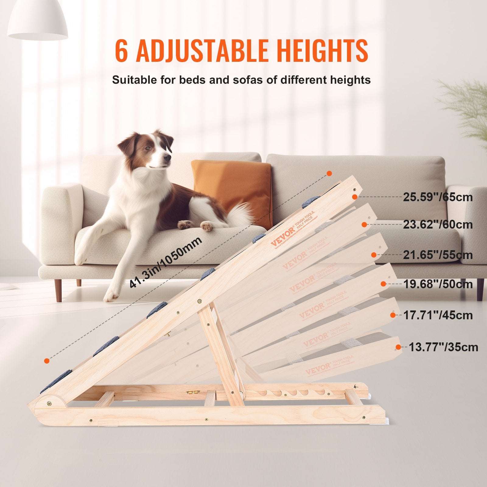 Dog Ramp, Folding Pet Ramp For Bed, Adjustable Dog Ramp For Small, Large, Old Dogs & Cats, Wooden Pet Ramp With 41.3' Long Ramp, Adjustable From 13.77' To 25.59', Suitable For Couch, Sofa, Car