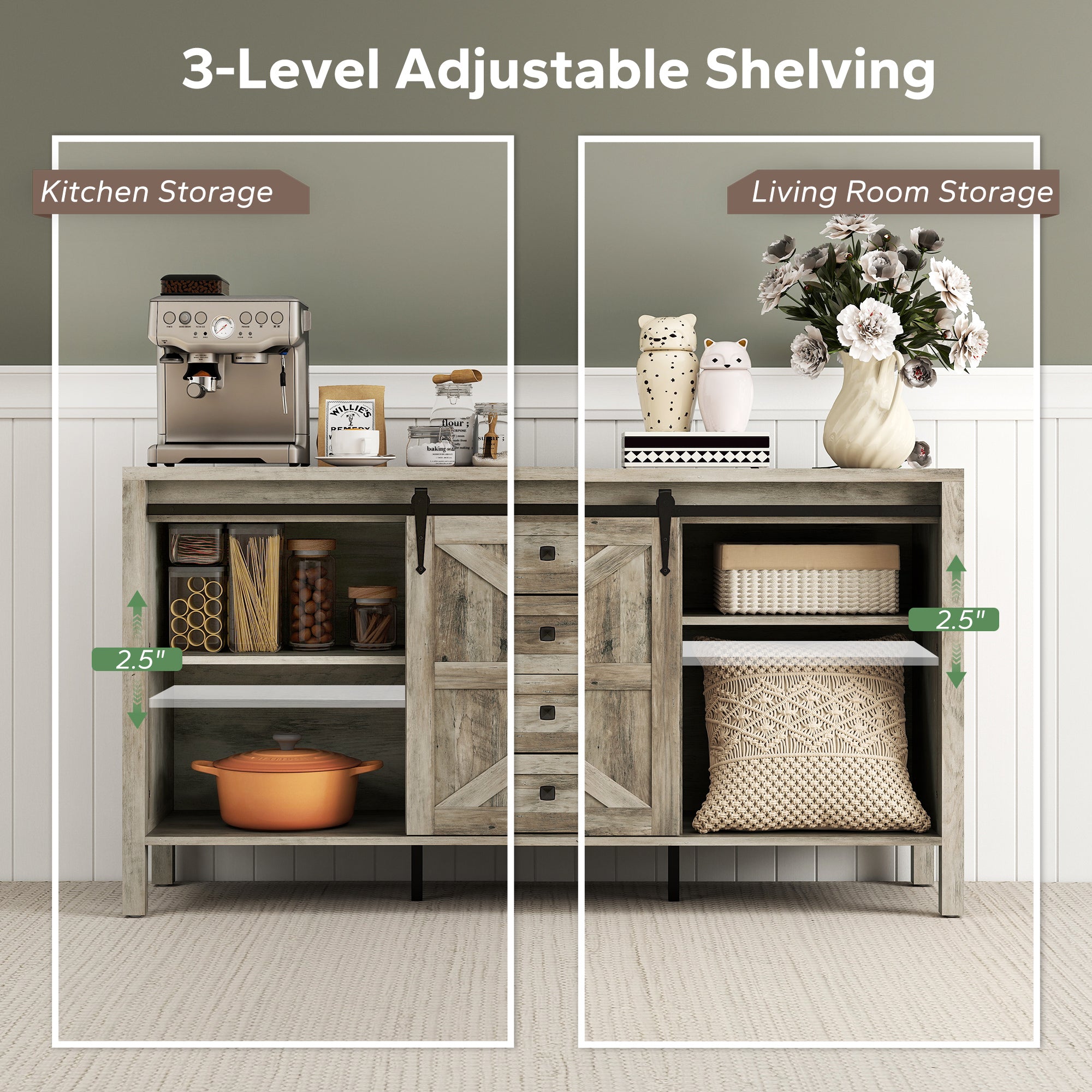 59" Buffet Cabinet, Farmhouse Sideboard with Thick Top, 2 Barn Doors, 4 Drawers and 2 Adjustable Shelves, Gray Wash