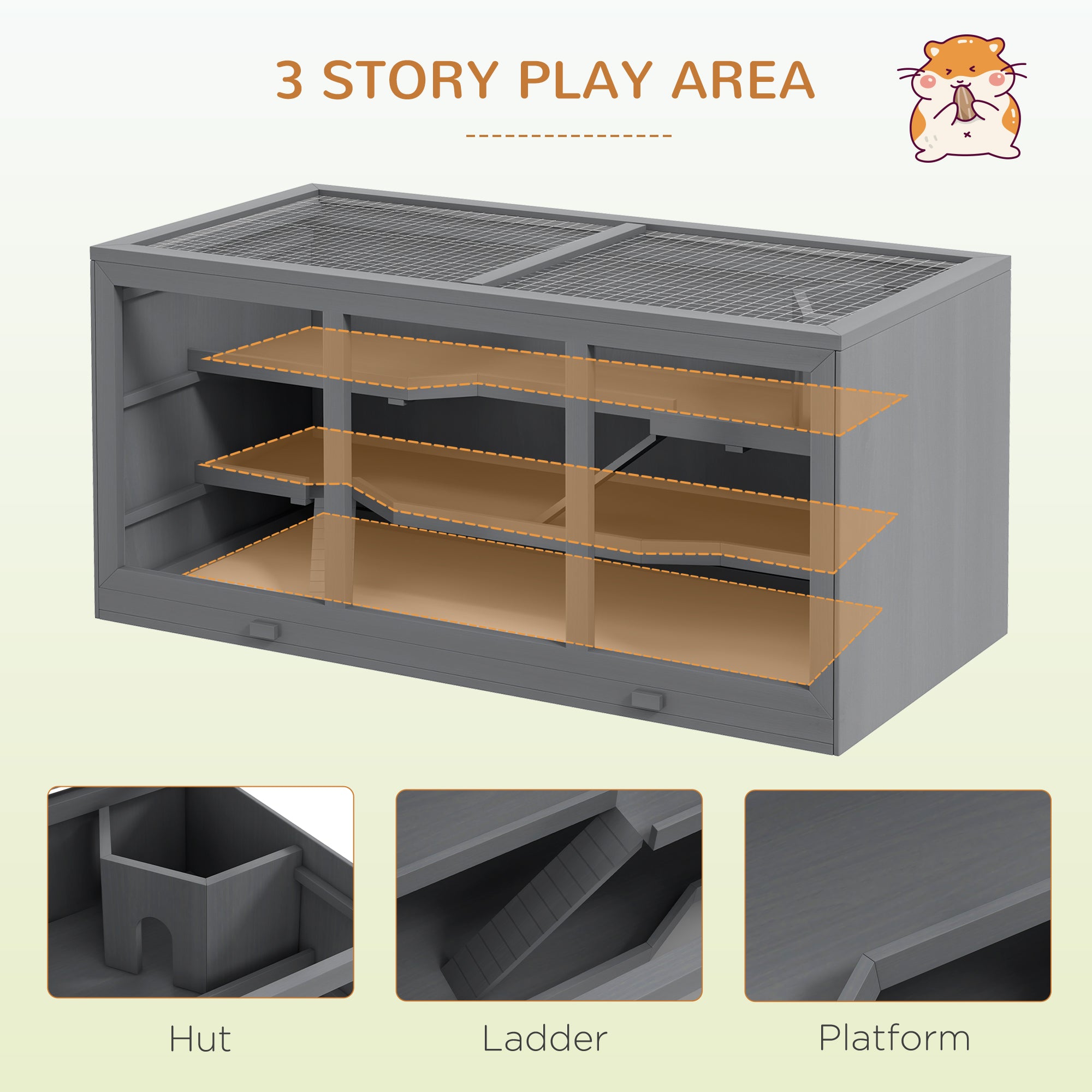 Extra Large Wooden Hamster Cage with Opening Roof, Hut, Ramps, Gray