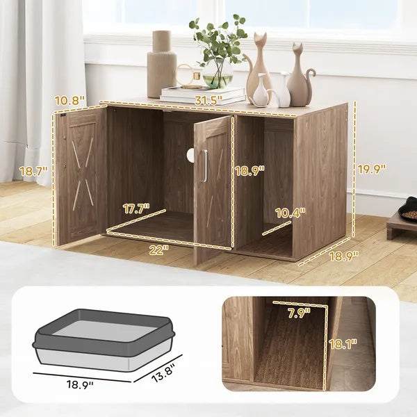 Cat Litter Box Enclosure With Scratching Board, Cat Washroom End Side Table, 31.5 X 19 X 20 Inch, Walnut Brown