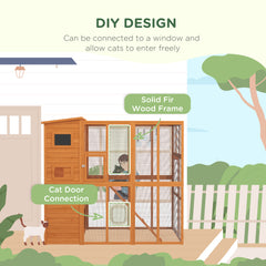 Wooden Outdoor Catio with Platforms, Asphalt Roof, Ramps, Natural