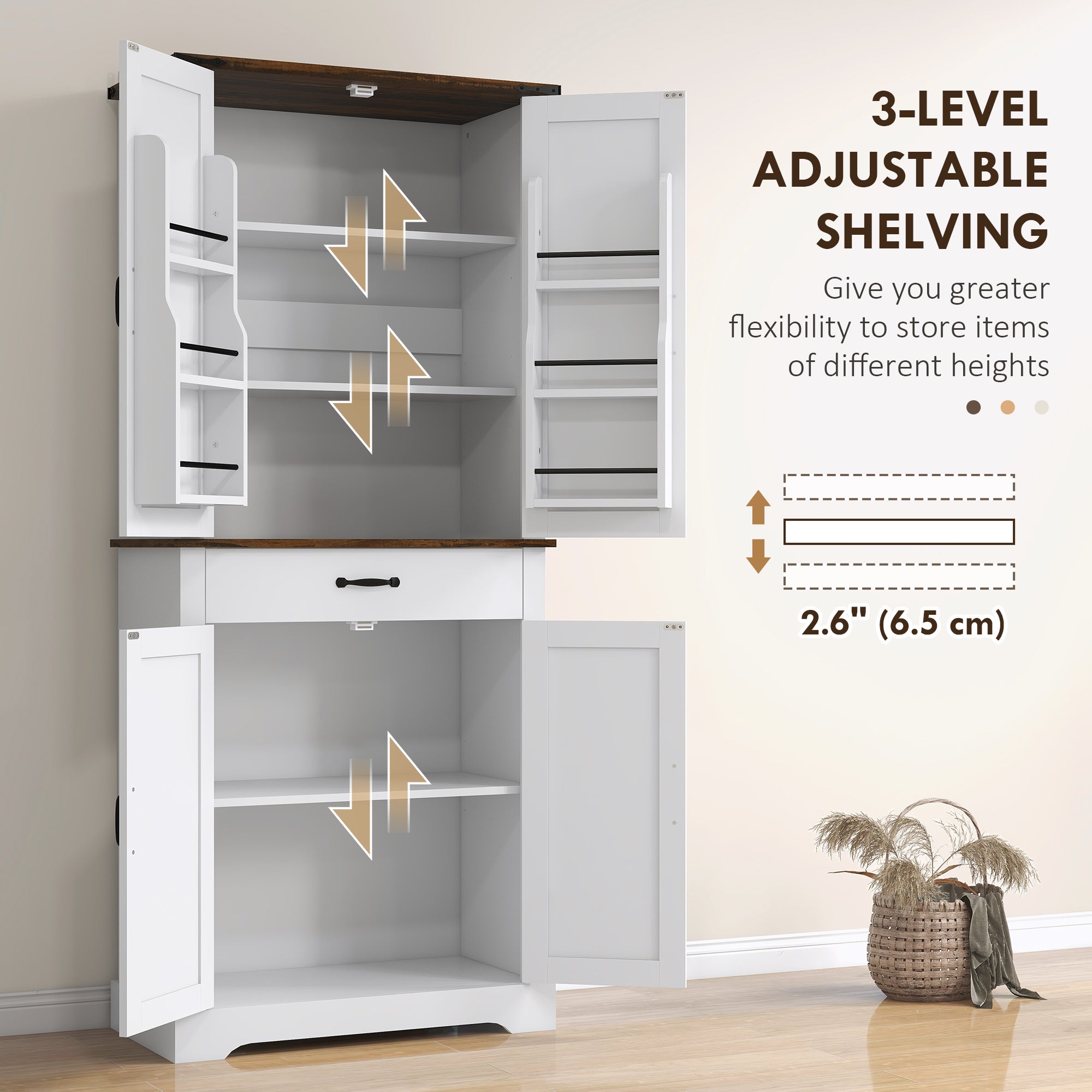 71" Tall Kitchen Cabinet, Farmhouse Pantry Cabinet w/ Barn Doors, 6 Shelves w/ 2 Doors, Drawer and Adjustable Shelves, White