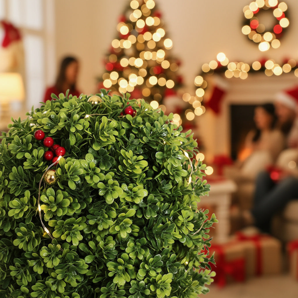 2PCS Set 22in Artificial Trees Natural Topiary Balls Outdoor Decor Pre-Lit Faux Plants For Porch Patio Balcony Year-Round Holiday Home Decor Vibrant Greenery