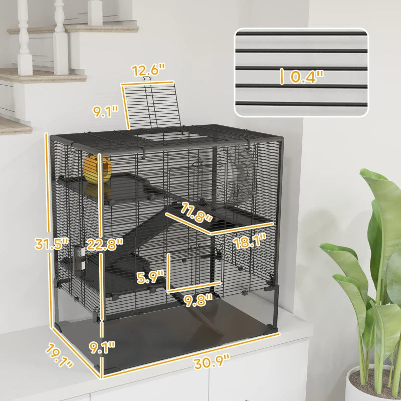 4 Tier Hamster Cage With Deep Tempered Glass Bottom, Running Wheel, Hut, Water Bottle, Food Dish,