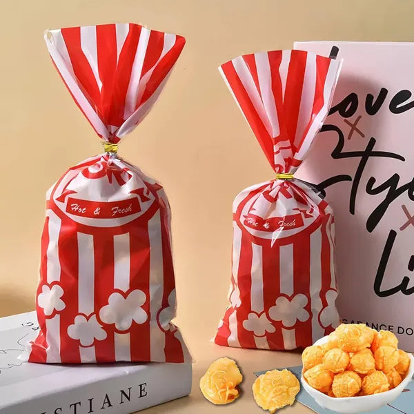 300 Pcs Plastic Popcorn Bags With Twist Ties Pop Corn Party Sleeves Snack Containers Nostalgia Gift Packs Circus Carnival Party Goodie Candy Bags Red White Stripe Popcorn Container