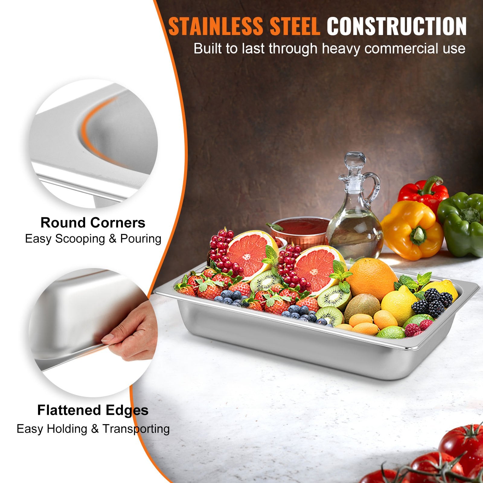 6 Pack Steam Table Pans 20.9 X 12.8 X 3.9 Inch Deep Steam Table Pan Full Size 13L Deep Food Container Stainless Steel Oven Tray Hotel Pans Anti-Jam Steam Table Food Pan
