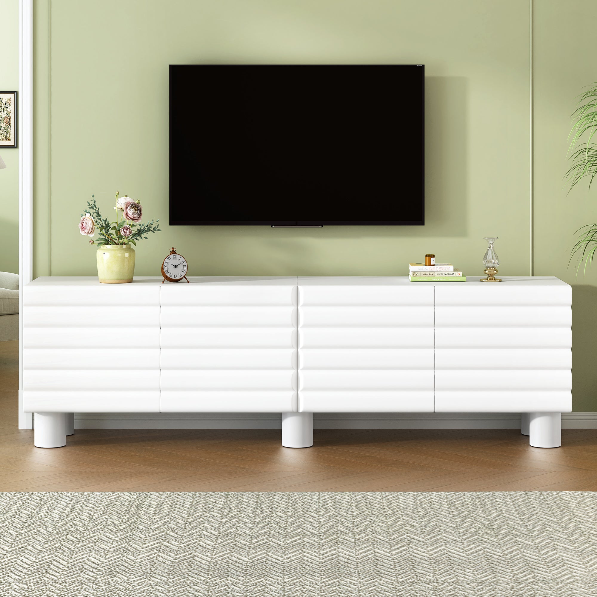 Stylish Thick Wavy Door TV Cabinet With Adjustable Shelves, Cream Style TV Stand With 4 Cabinets For TVs Up To 75, Solid Media Console With Cylindrical Legs And Cable Holes For Living Room, White