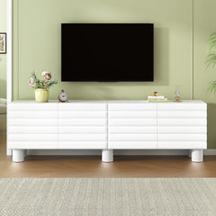 Stylish Thick Wavy Door TV Cabinet With Adjustable Shelves, Cream Style TV Stand With 4 Cabinets For TVs Up To 75, Solid Media Console With Cylindrical Legs And Cable Holes For Living Room, White