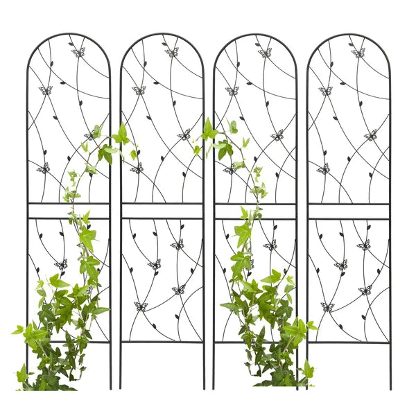 4 Pack Metal Garden Trellis 86.7" X 19.7" Rustproof Trellis For Climbing Plants Outdoor Flower Support Butterfly Deco Black