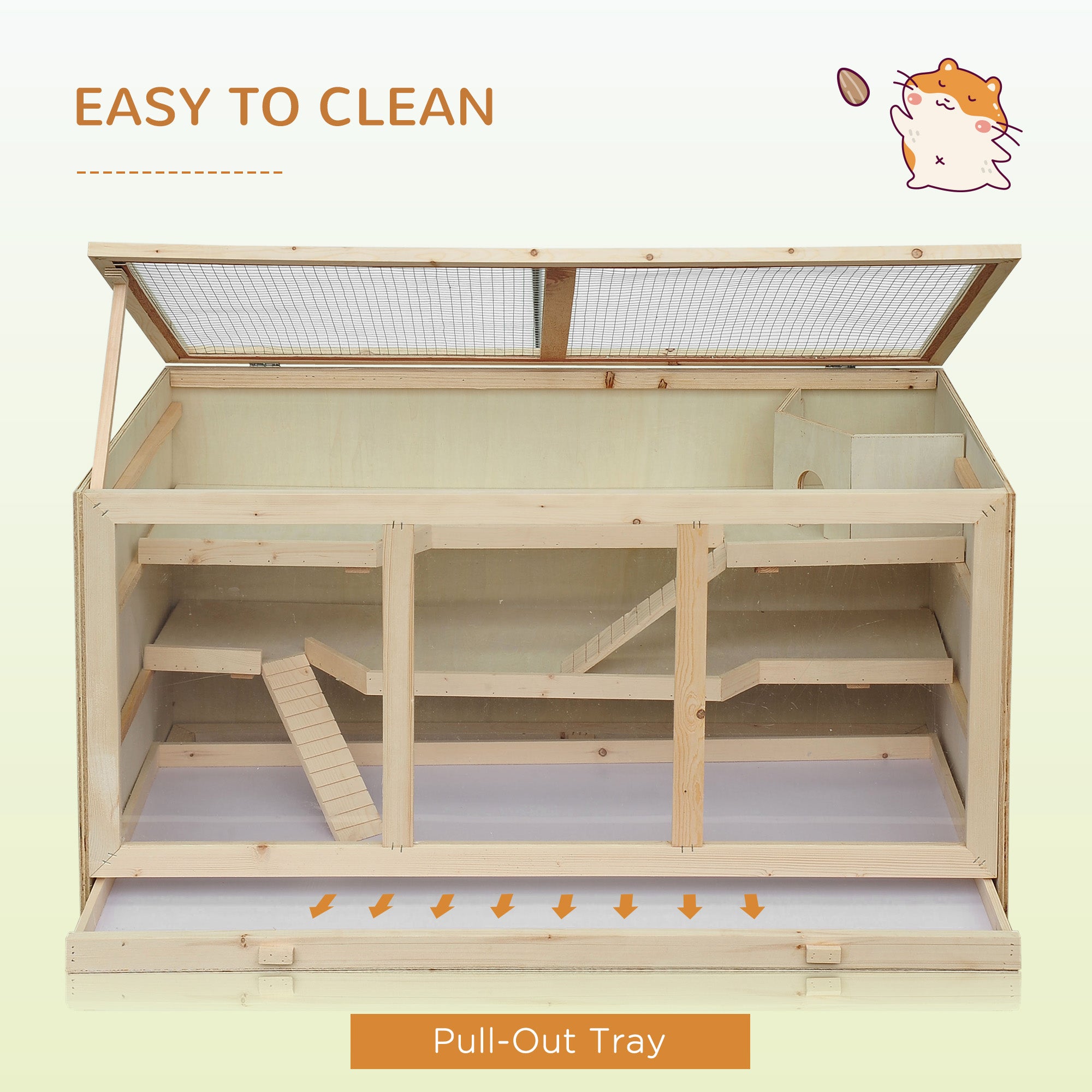 45" Extra Large Wooden Hamster Cage, 3-Layer Rat Cage with Opening Roof, PVC Window, Small Animal Habitat for Gerbil, Dwarf & Syrian Hamsters, Natural