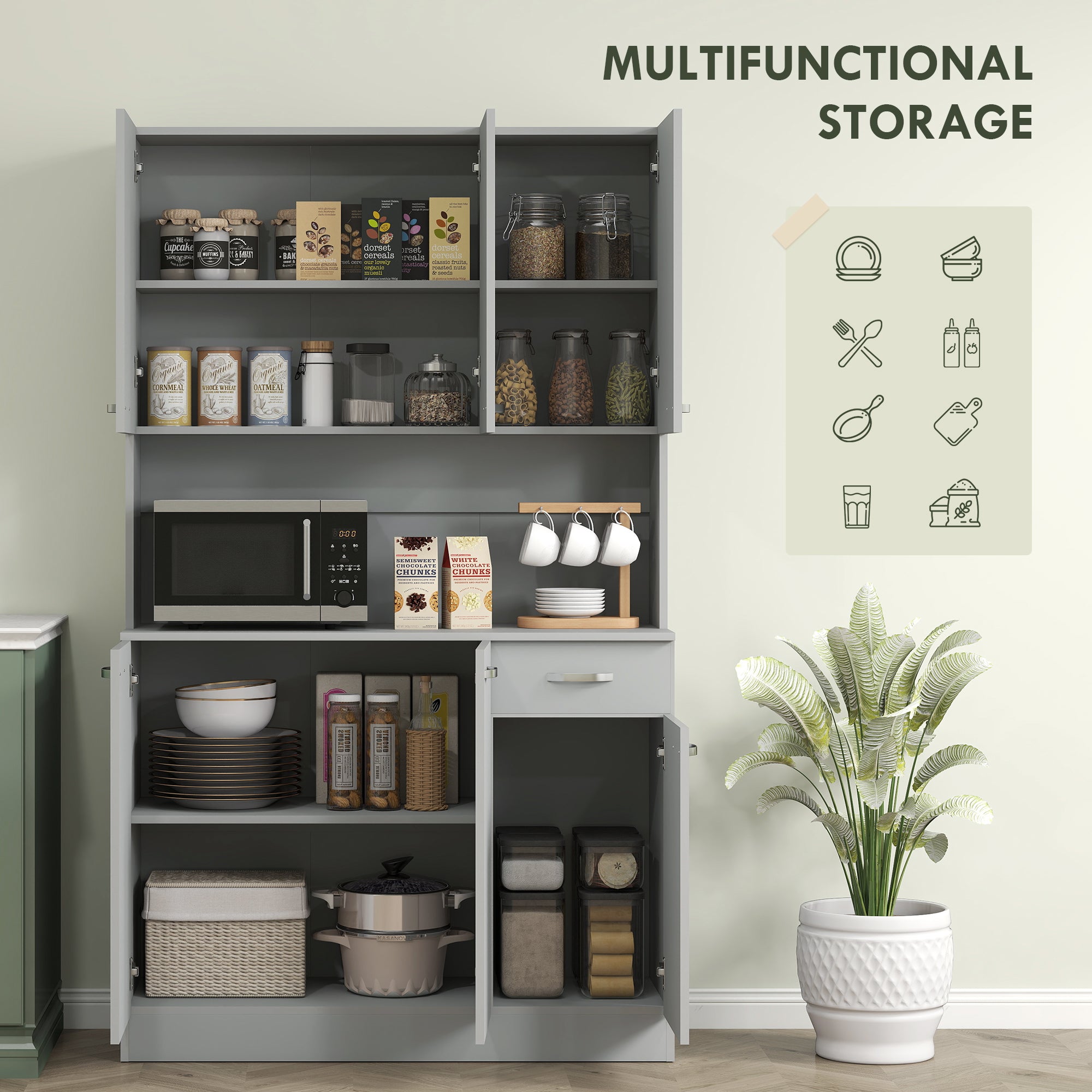 71" Kitchen Pantry Cabinet, Tall Storage Cabinet with Microwave Stand, Modern Kitchen Hutch with Countertop, 6 Doors, Storage Drawer, 3 Adjustable Shelves for Living Room, Dining Room, Gray