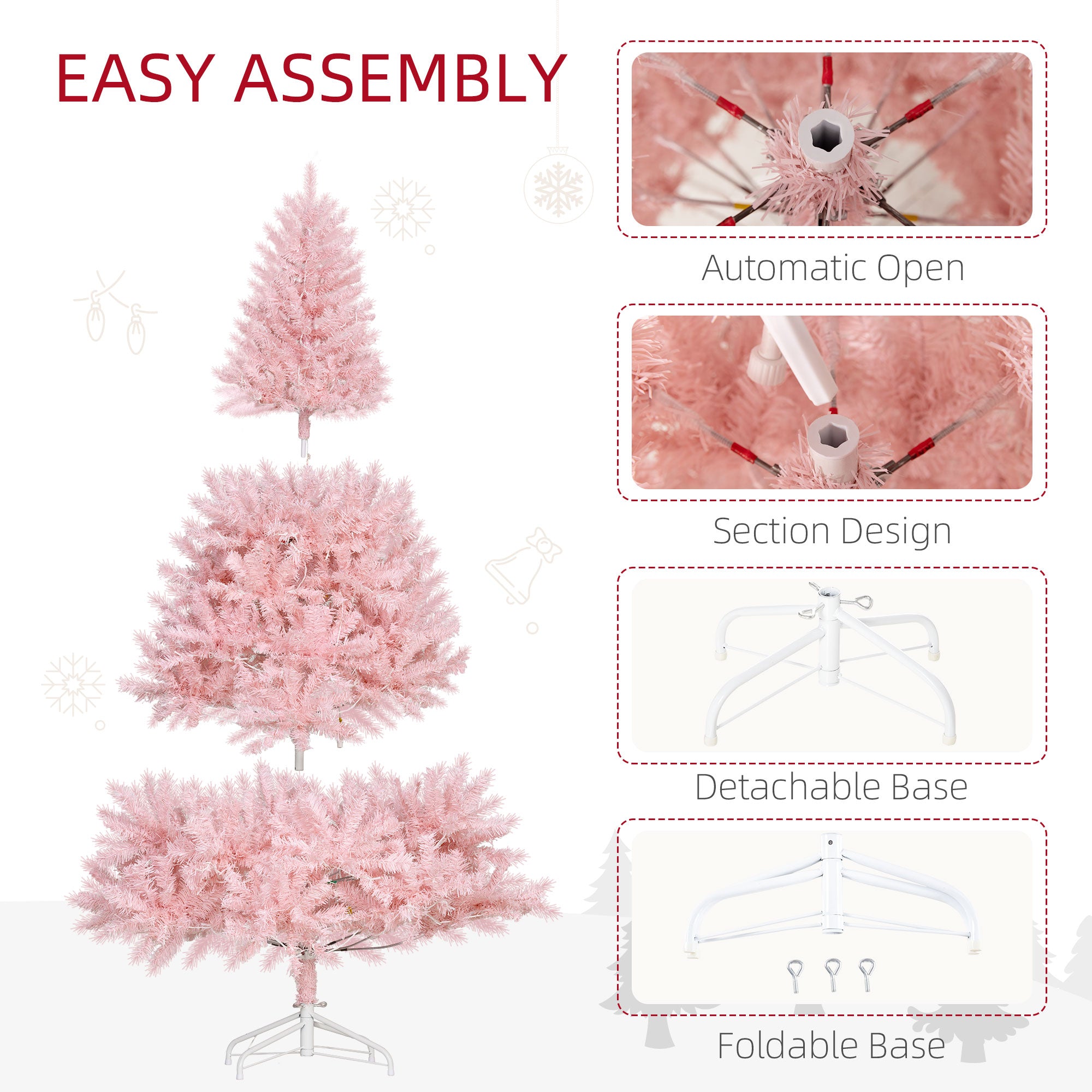 6 FT Tall PreLit Artificial Christmas Tree with Realistic Branches, 250 Warm White LED Lights and 1000 Tips, Pink