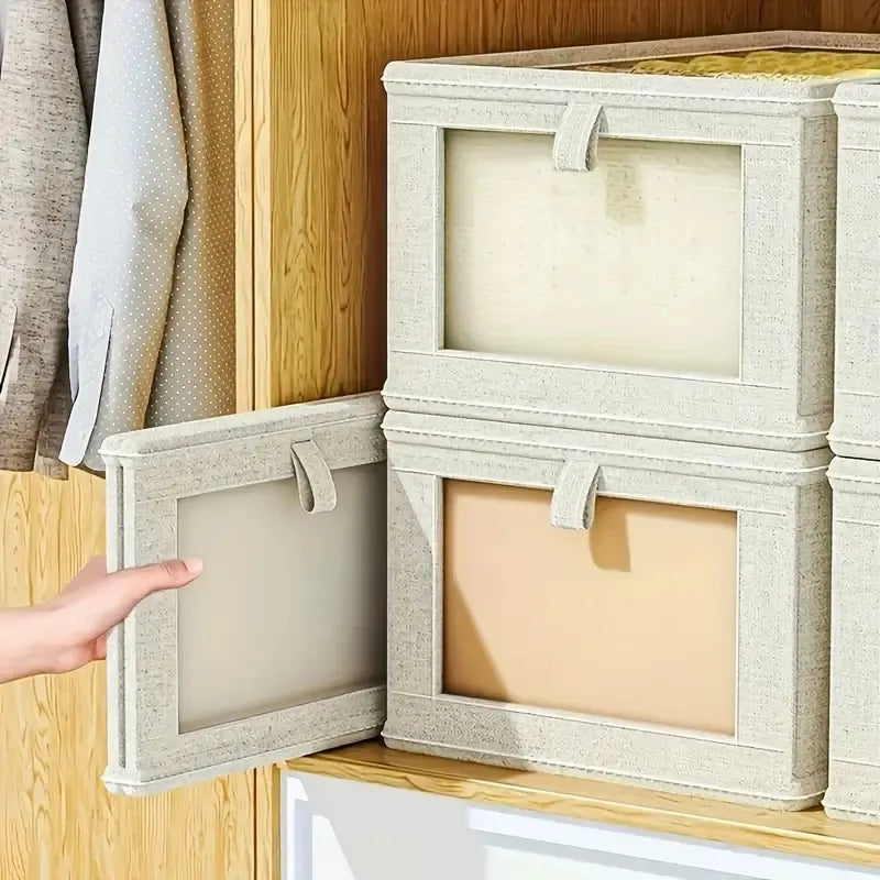 Foldable Clothes Storage Box With Viewing Window - Heavy-Duty Organizer Box, Stackable Closet Organizer For Wardrobe, Under-Bed, Shelf - Space-Saving Closet Storage Solution In Nano White -Linen Style
