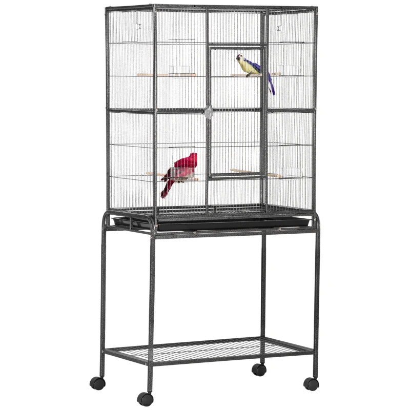 Rolling Metal Bird Cage Feeder With Detachable Rolling Stand, Storage Shelf, Wood Perch & Food Container