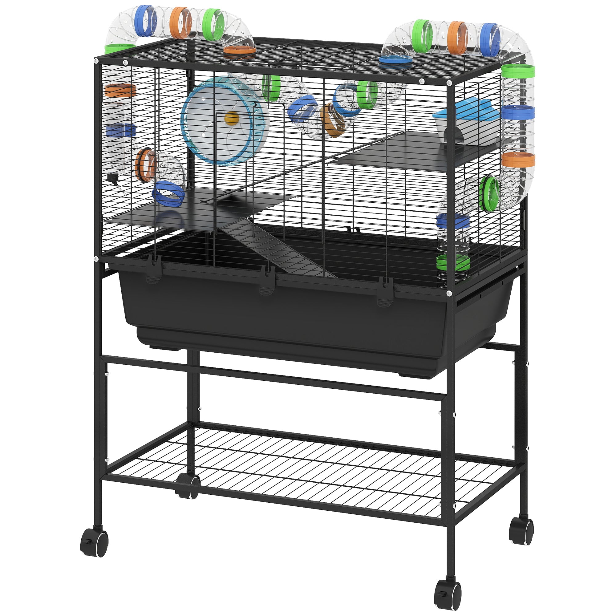 3 Tier Hamster Cage, Rolling Rat Cage With Deep Tray, Storage Shelf, Big Exercise Wheel, Hut, Tube System