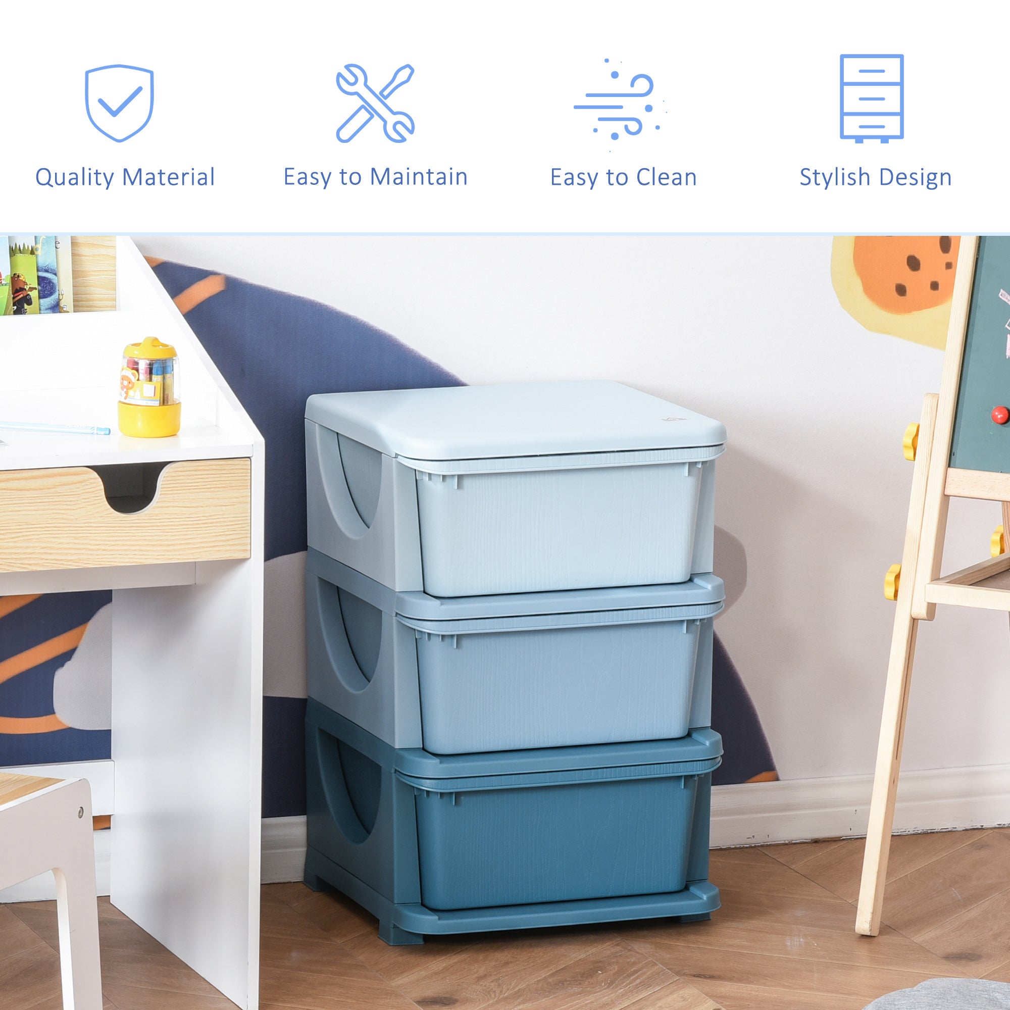 3 Tier Kids Toy Storage Organizer With Drawers, Blue, Chest For Bedroom, Kindergarten, Living Room, For Boys And Girls