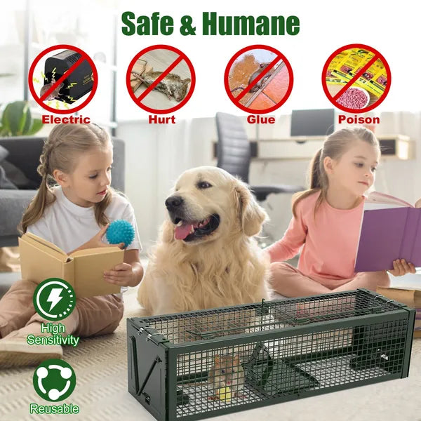 2Pack 15.35x4.72x3.94in 2-Door Humane Live Rat Trap Galvanized Iron Rodent Trap Cage Reusable For Home Garden Farm Warehouse