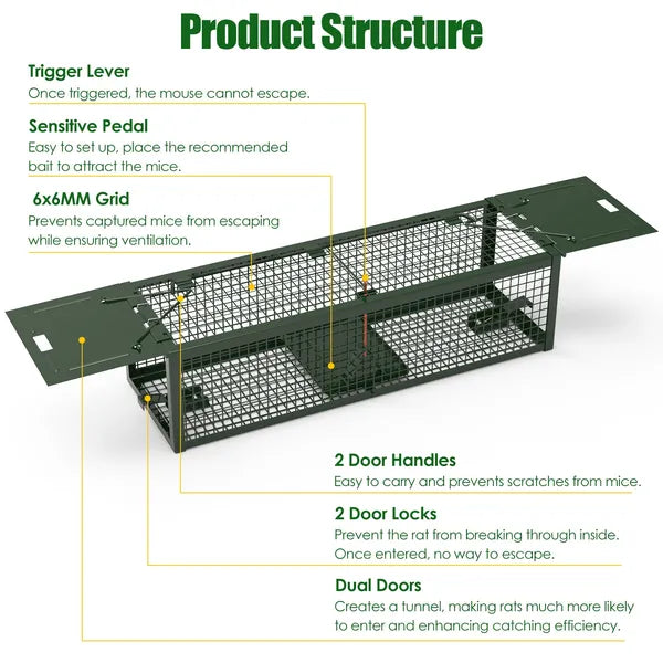 2Pack 15.35x4.72x3.94in 2-Door Humane Live Rat Trap Galvanized Iron Rodent Trap Cage Reusable For Home Garden Farm Warehouse