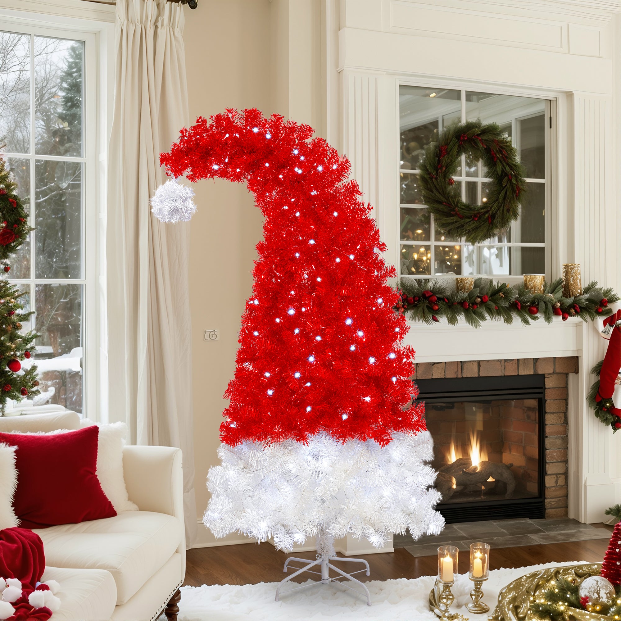 6FT Artificial Christmas Tree With LED Light, Santa's Hat Shape Artificial Whimsical Xmas Tree With 1050 Tip, Curved Xmax Tree