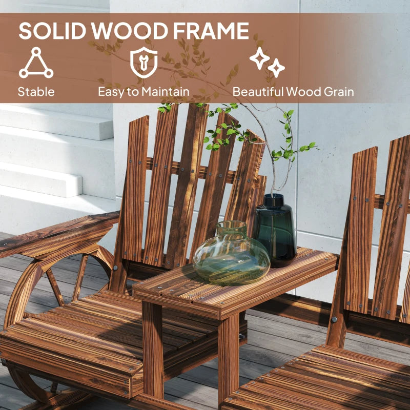 2-Seat Wooden Garden Bench With Table, Umbrella Hole, High Backrest, Armrests For Backyard, Patio, Garden, Carbonized