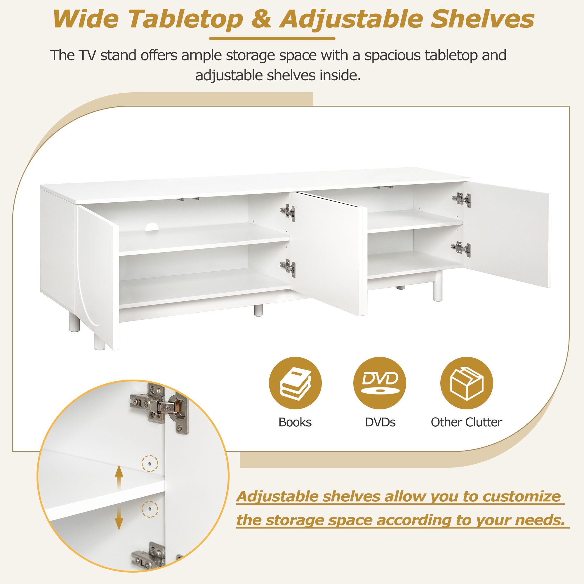 ON-TREND Graceful TV Stand With Arch Cabinets For TVs Up To 78'', Minimalist Entertainment Center With Solid Wood Legs, Practical Media Console With Adjustable Shelves For Living Room, White