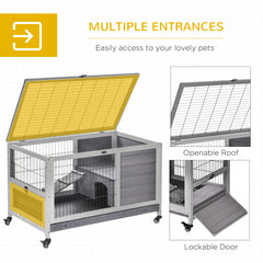 Indoor Rabbit Enclosure, Wooden Elevated Cage Habitat with Enclosed Run with Wheels - Ideal for Rabbits and Guinea Pigs