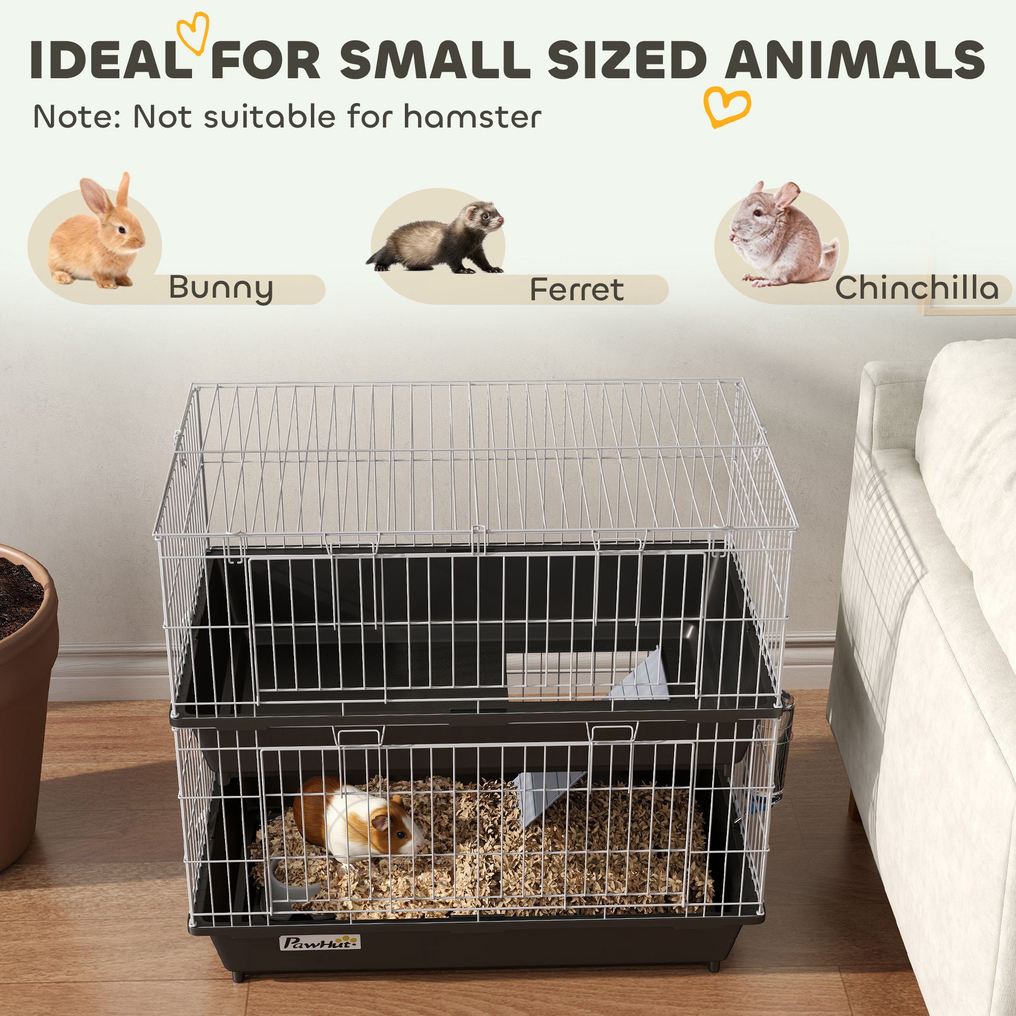 2-Tier Small Animal Cage with 2 Doors, Trays, Dish, Bottle, and Ramp for Bunny, Ferret, Chinchilla, Black