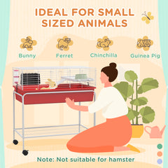 Two-Story Small Animal Cage Removable from Stand, Pet Habitat with Shelf & Wheels, 33" x 18.5" x 35", Red