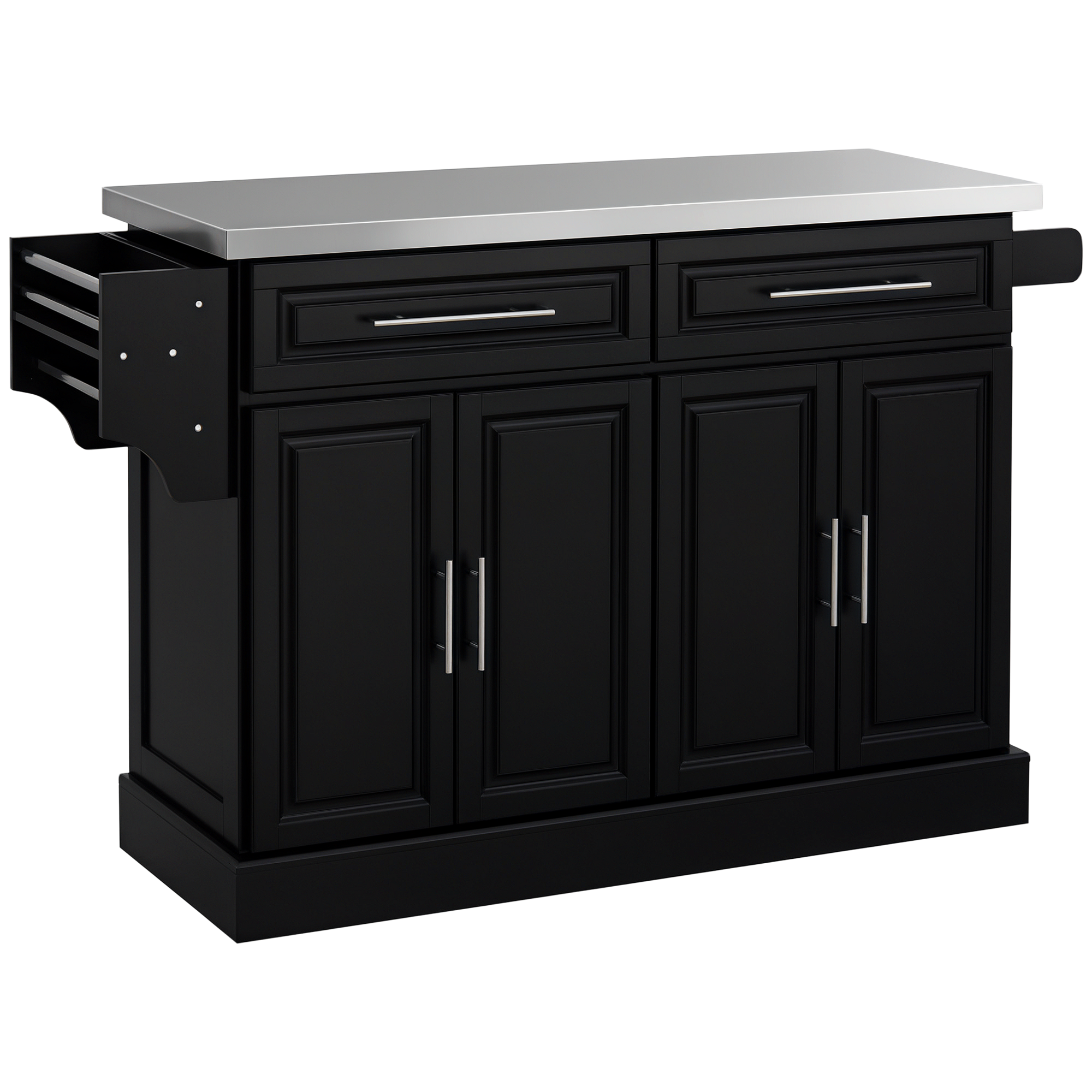 Rolling Kitchen Island Cart with Wheels, Portable Island Table for Kitchen with Stainless Steel Top, Adjustable Shelves, 2 Drawers, Spice, Knife and Towel Rack, Black