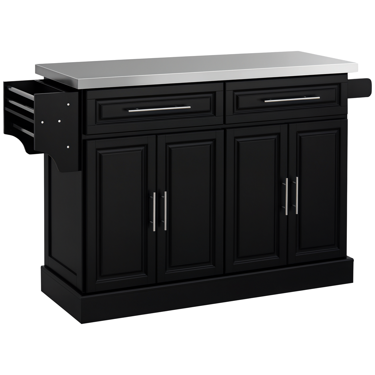 Rolling Kitchen Island Cart with Wheels, Portable Island Table for Kitchen with Stainless Steel Top, Adjustable Shelves, 2 Drawers, Spice, Knife and Towel Rack, Black