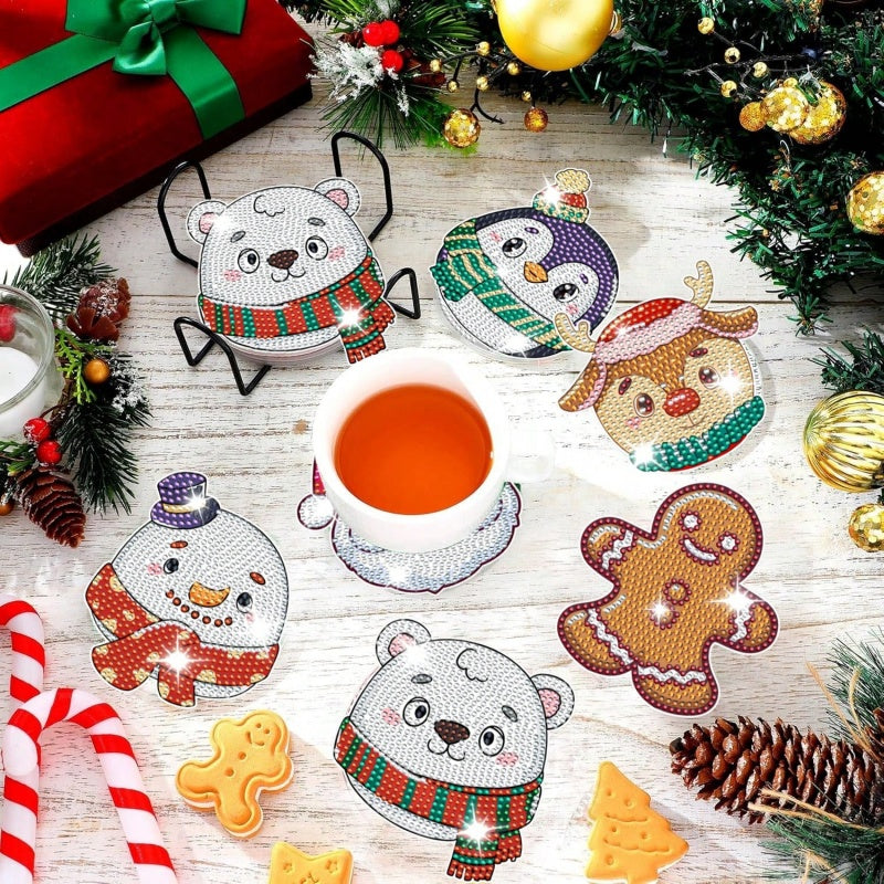 6 Pcs Chirstmas Cartoon Diamond Art Painting Acrylic Garden Stake Craft Ornaments Kits Keychains Refrigerator Fridge Magnets Accessories DIY Full Drill Diamonds Pendants Decor For Xmas Decor