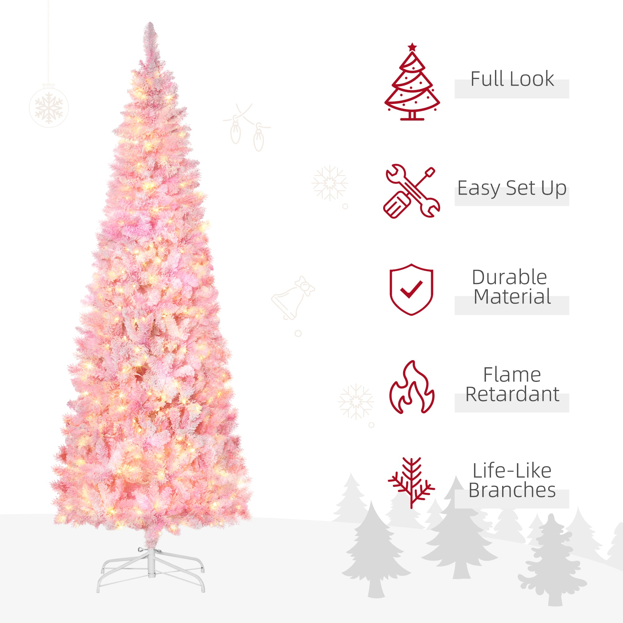 7.5ft Prelit Snow Flocked Artificial Christmas Tree with Pencil Shape, Pine Realistic Branches, Warm White LED lights, Auto Open, Pink and White
