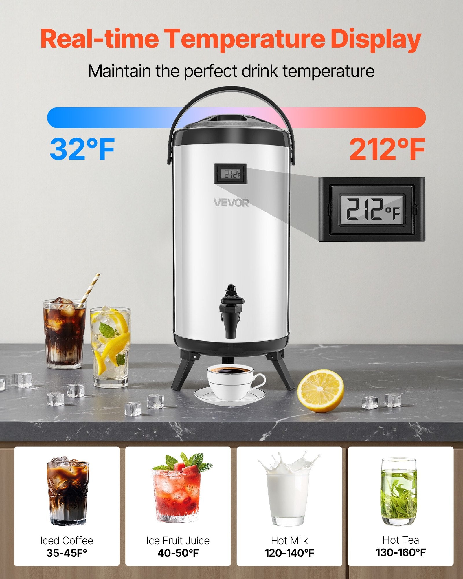 Insulated Beverage Dispenser For Hot & Cold Drinks 2.4 Gal Stainless Steel