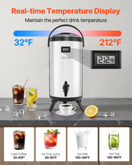 Insulated Beverage Dispenser For Hot & Cold Drinks 2.4 Gal Stainless Steel