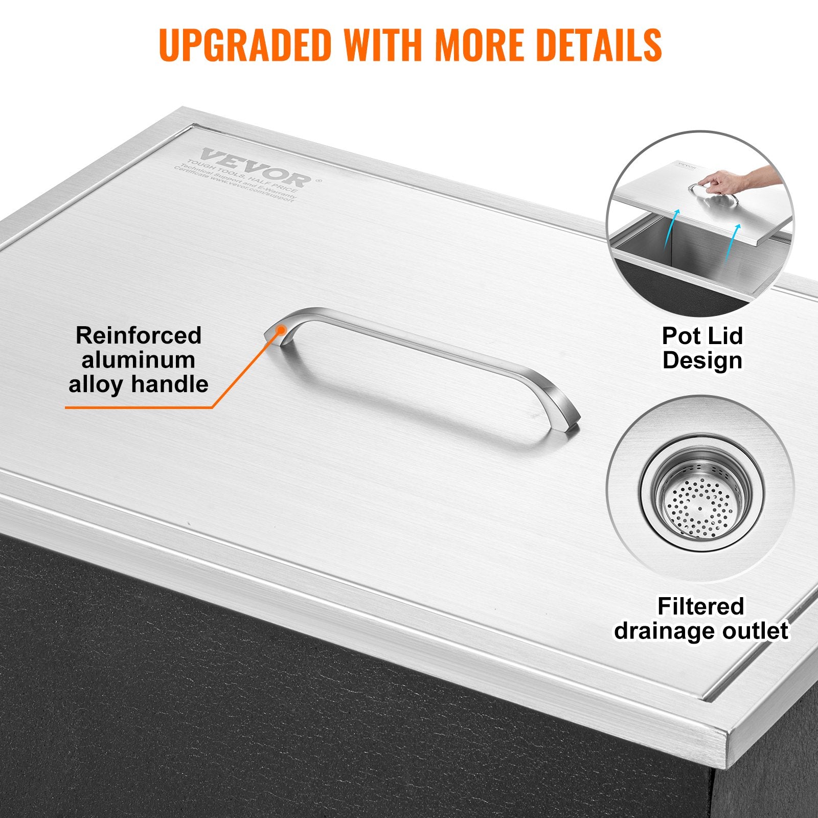 Drop In Ice Chest, 22'L X 17'W X 12'H Stainless Steel Ice Cooler, Commercial Ice Bin With Cover, 40 Qt Outdoor Kitchen Ice Bar, Drain-pipe And Drain Plug Included, For Cold Wine Beer