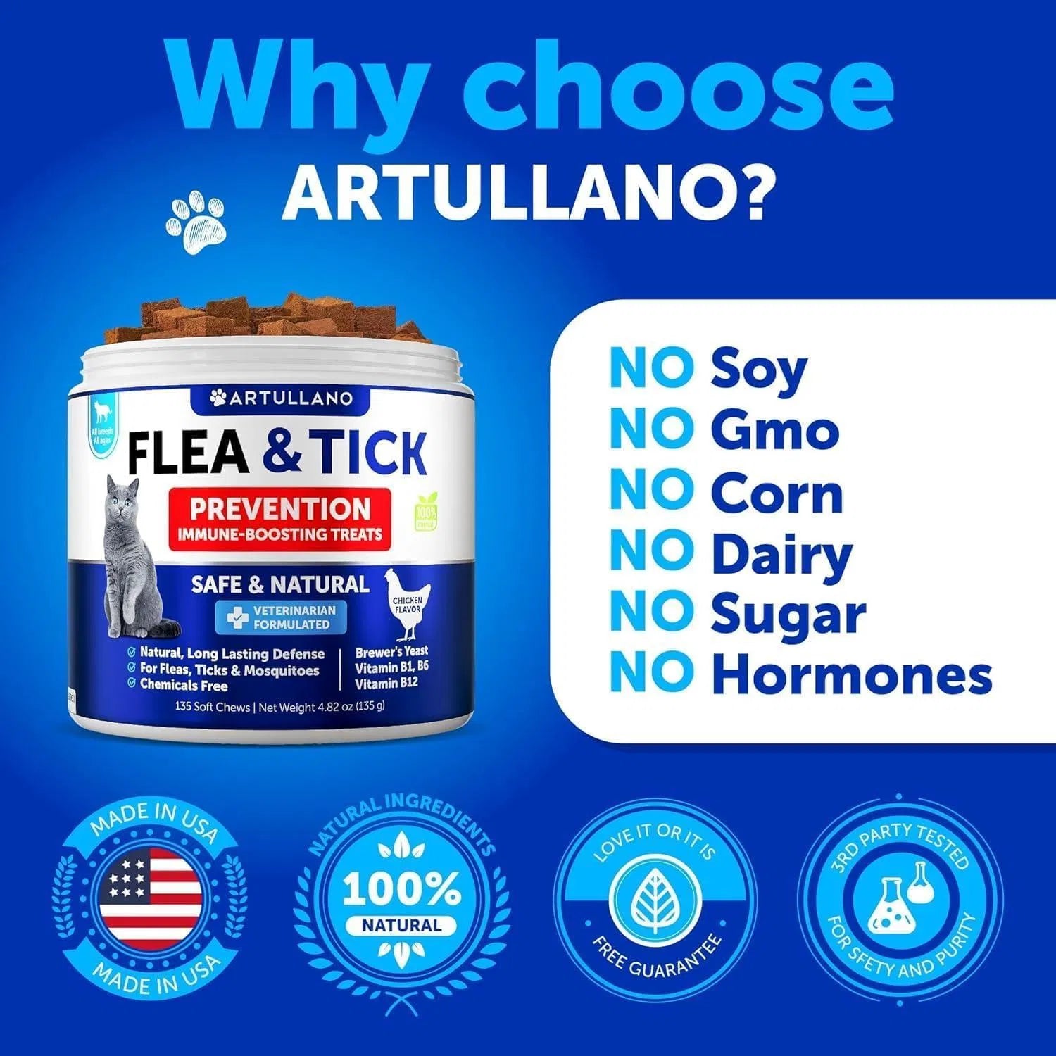 Flea Treatment For Cats Natural Flea And Tick Prevention Supplement For Cats Kittens Chewable Daily Oral Pills With Vitamins 135 Soft Chews Skin & Coat Dental Treats Digestion