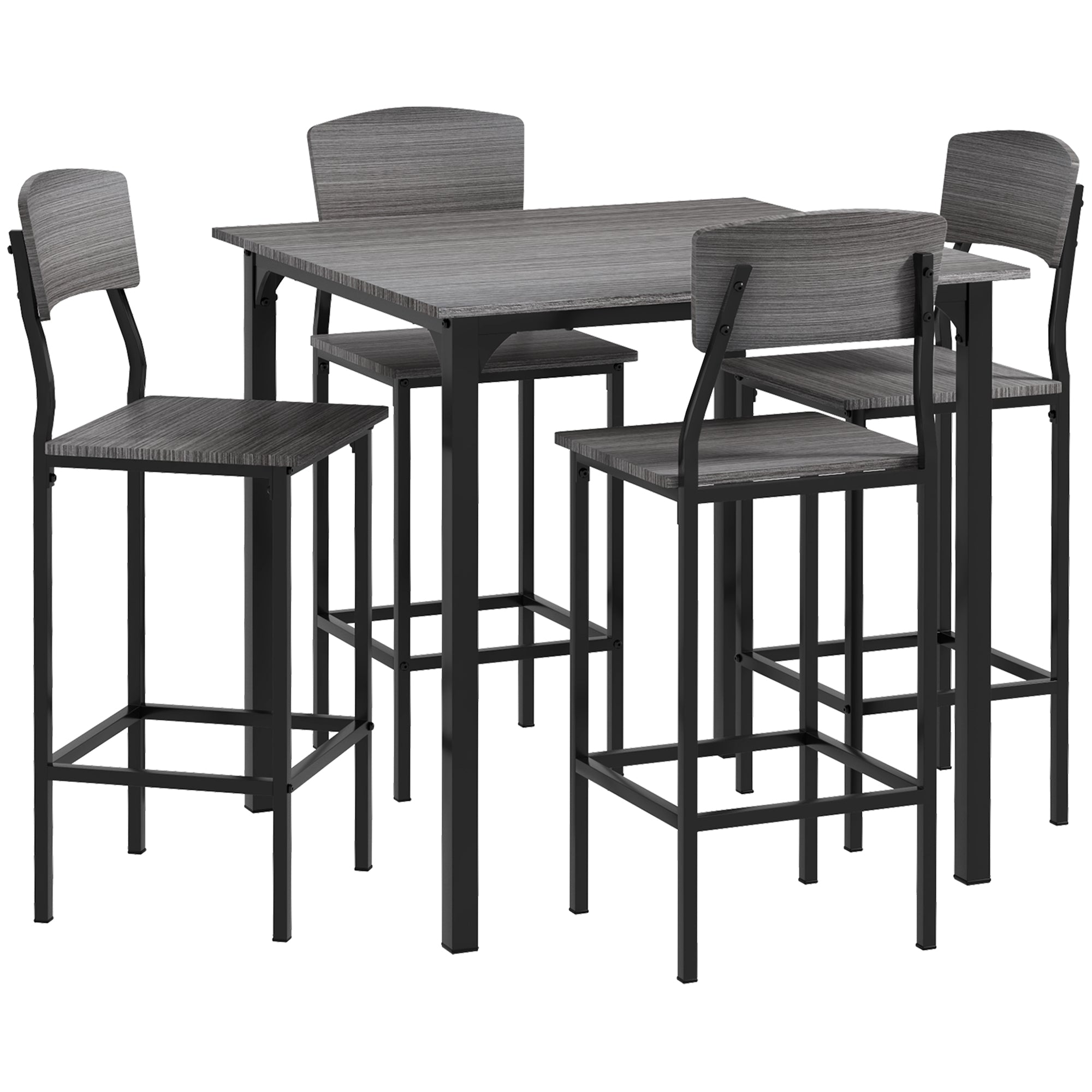 5-Piece Counter Height Bar Table with Space-Saving Design, Square Kitchen Table and Chairs Set with Footrest, Metal Legs, Industrial Dining Table Set for 4, Gray