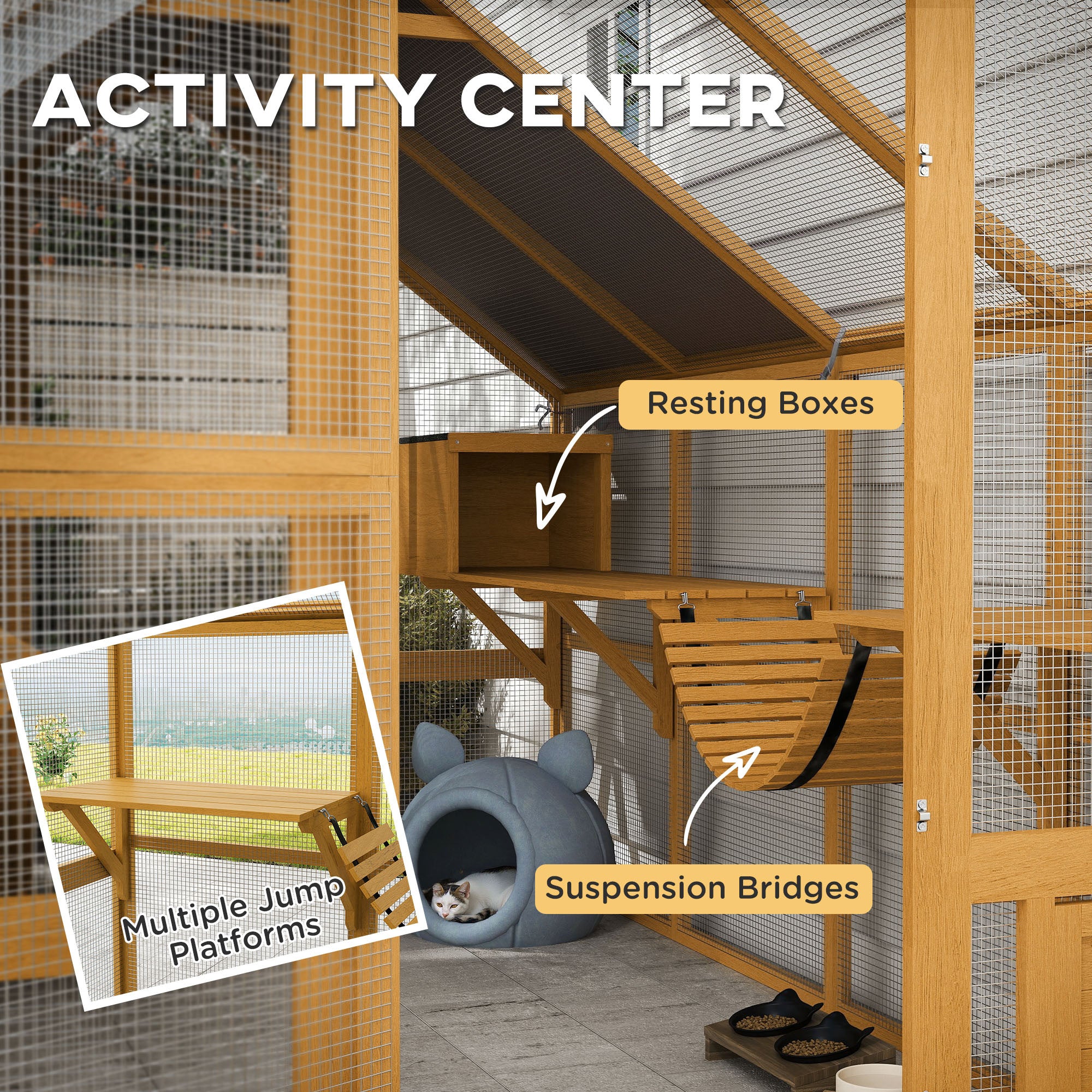 Wooden Catio Outdoor Cat Enclosure, Large Cat House with Waterproof Cover, 2 Condos, 6 Platforms, Bridge, Doors, Yellow