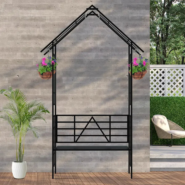 Metal Garden Arch With Bench Turned Into Flower Stand W58.07*H97.24 Climbing Plants Support Rose Arch Outdoor Black