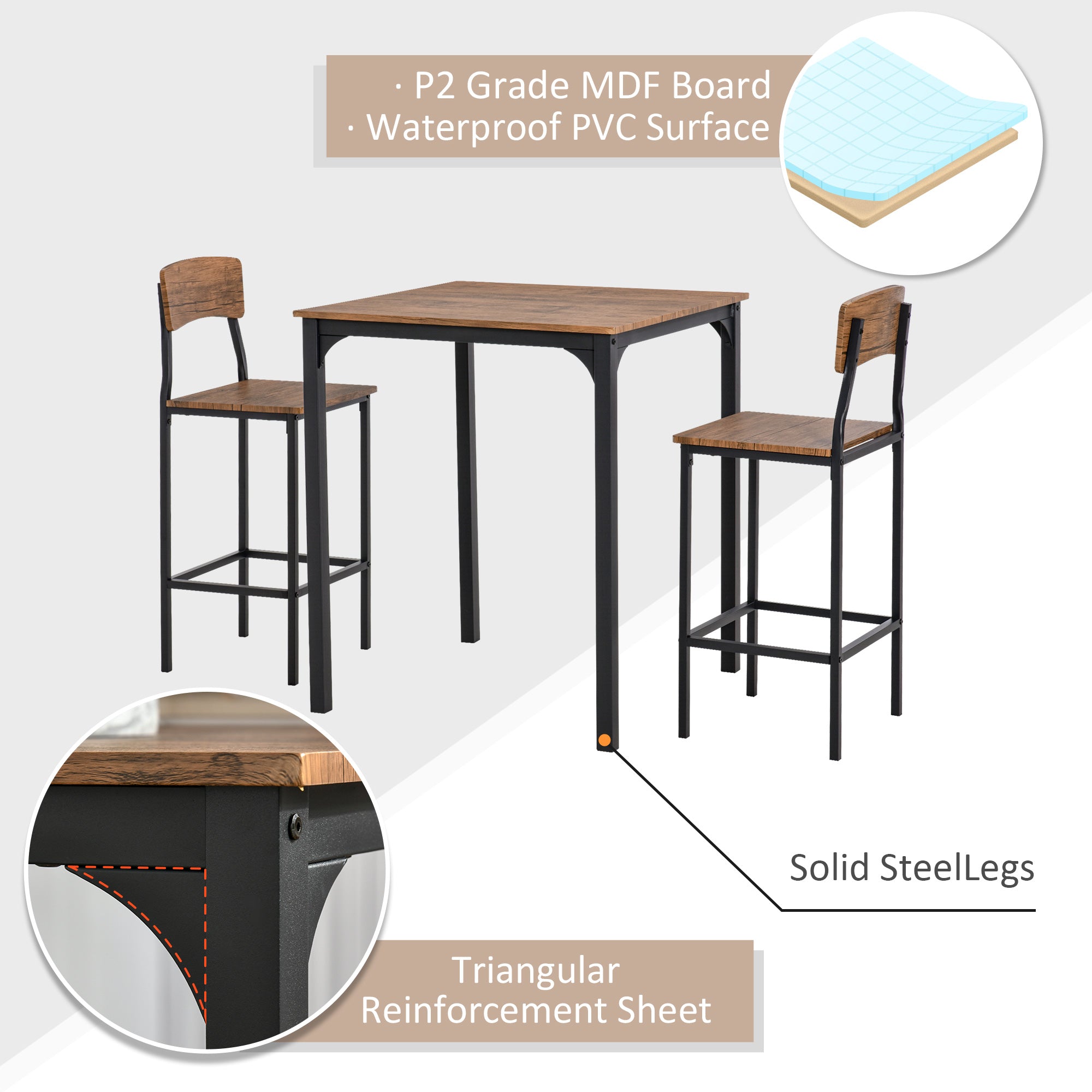 3 Piece Pub Table and Chairs, Small Kitchen Table and Chairs, Square Dining Table with 2 Stools, Walnut and Black