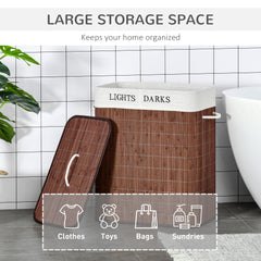 Bamboo Laundry Basket with Lid and String Handles, Collapsible Laundry Hamper with 2 Removable Bags, Brown