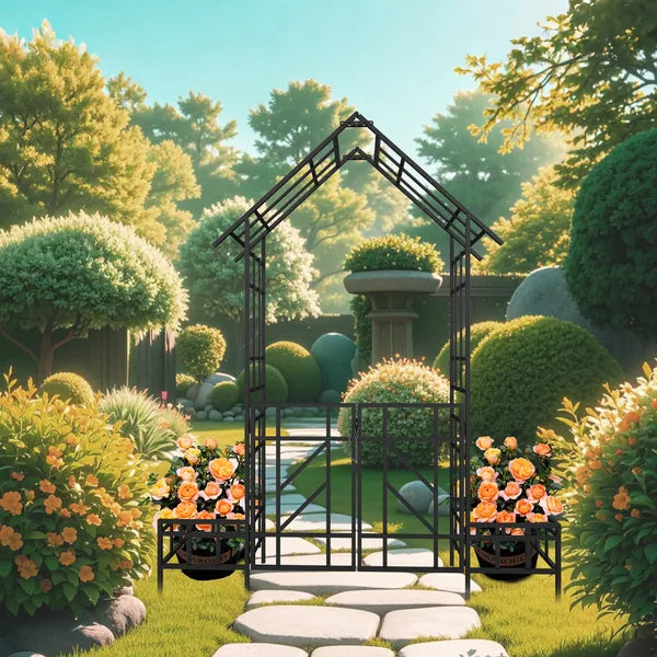 Metal Garden Arch With Gate With Planter W80.71*H97.24 Climbing Plants Support Rose Arch Outdoor Black