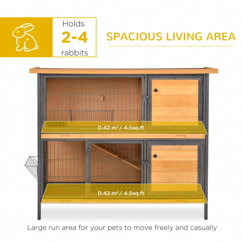 2-Story Large Rabbit Hutch Bunny Cage Wooden Pet House Metal Frame With Rooms, Ramp, No Leak Tray, Feeding Trough, Waterproof Asphalt Roof For Rabbits, Chickens, Ducks, OutdoorIndoor