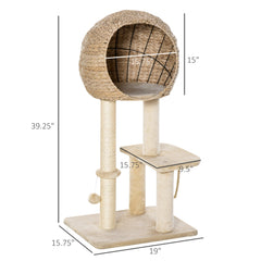 Cat Tree with Sisal Scratching Post Condo and Hanging Rope 39" H, Beige